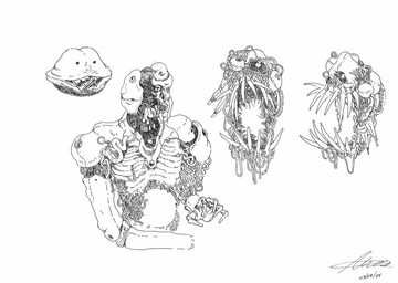 ambiguous_gender body_horror cable group horror_(theme) not_furry open_mouth sharp_teeth simple_background teeth wire plastiboo godhusk c-ufo humanoid monster mopos segger_fly vessel_(godhusk) monochrome official_art