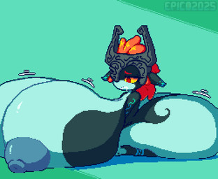 areola big_areola big_breasts big_butt big_nipples black_body black_ears black_skin blue_areola blue_body blue_markings blue_nipples blue_skin bodily_fluids breast_expansion breasts butt butt_expansion drooling expansion eyebrows female fused_shadow green_background grey_helmet hair huge_breasts huge_butt humanoid_pointy_ears hyper hyper_breasts hyper_butt kneeling markings motion_lines multicolored_body nipples not_furry orange_hair pointy_ears red_eyebrows red_eyes saliva short_stack simple_background solo swelling thick_thighs two_tone_body yellow_sclera epicpotatolord nintendo the_legend_of_zelda twilight_princess midna humanoid imp twili 2025 cel_shading colored digital_media_(artwork) pixel_(artwork) shaded