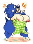 anthro apron apron_only areola big_breasts black_eyes blue_hair blush blush_stickers breasts clothing eyebrows female fist hair huge_breasts huge_thighs mostly_nude multicolored_body nipple_slip nipples open_mouth overweight overweight_anthro overweight_female pink_nipples solo thick_eyebrows thick_thighs two_tone_body wide_hips redphlannel animal_crossing nintendo mabel_able eulipotyphlan hedgehog mammal hi_res