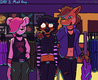 alternative_fashion ambiguous_gender anthro armwear belt black_bottomwear black_clothing black_hair black_jacket black_pants black_shirt black_tank_top black_topwear bottomwear bracelet brown_body brown_fur brown_hair cargo_pants choker clothing clothing_rack clothing_store collar denim denim_clothing denim_jacket denim_topwear ear_piercing ear_ring elbow_gloves eyewear feathers female fur glasses gloves green_bottomwear green_clothing green_eyes green_pants grey_body grey_feathers grin group hair hand_on_hip hand_on_own_hip handwear inner_ear_fluff jacket jewelry light_from_below male mall navel necklace orange_body orange_feathers pants pattern_armwear pattern_clothing piercing pink_eyes pink_hair pocket_chain popped_collar ring_piercing round_glasses shirt shocked smile spiked_bracelet spiked_collar spikes store striped_armwear striped_clothing stripes t-shirt tail tan_body tan_fur tank_top topwear torn_bottomwear torn_clothing torn_pants trio tuft white_body white_fur percybird beau_(percybird) liz_(percybird) percy_(percybird) avian bird equid equine eurasian_bullfinch finch horse mammal mouse murid murine oscine passerine rodent true_bullfinch 2025 clip_studio_paint_(artwork) colored digital_media_(artwork) hi_res shaded nonbinary_(lore) trans_(lore)