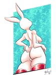 anthro breasts butt clothing featureless_breasts featureless_crotch female fur hair hand_on_hip latex legwear nude rear_view side_boob simple_background solo standing white_body white_fur white_hair panthera_cantus beastars haru_(beastars) domestic_rabbit dwarf_rabbit lagomorph leporid mammal oryctolagus rabbit 2020 3:4 hi_res