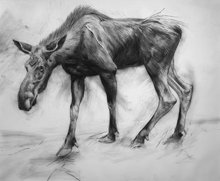 black_body female feral looking_aside looking_at_viewer realistic simple_background solo standing walking white_background geordie_millar deer mammal moose new_world_deer 2006 charcoal_(artwork) formal_art monochrome traditional_media_(artwork)