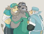 anthro clothing group hat headgear headwear humanoid_hands kemono male male/male overalls overweight overweight_male shirt simple_background topwear undressing train_(artist) canid canine canis domestic_dog felid lion mammal pantherine 2012