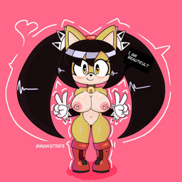 anthro areola bell bell_collar big_breasts black_hair black_nose blush blush_lines boots breasts clothing collar dialogue eyelashes female footwear front_view fur genitals gesture gloves hair hand_gesture handwear long_hair looking_at_viewer navel nipple_piercing nipples nude orange_eyes piercing pink_areola pink_background pink_nipples red_boots red_clothing red_footwear shoes simple_background smile solo speech_bubble talking_to_viewer tan_body tan_fur text thick_thighs twintails_(hairstyle) v_sign vulva white_clothing white_gloves white_handwear wide_hips yellow_body yellow_fur mawstrife sega sonic_the_fighters sonic_the_hedgehog_(series) honey_the_cat domestic_cat felid feline felis mammal 1:1 hi_res
