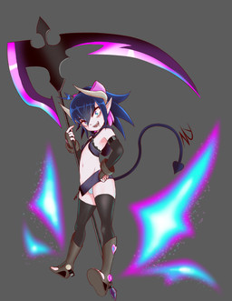 accessory axe blue_eyes blue_hair bow_(feature) bow_accessory bow_ribbon bulge clothing femboy footwear gloves greataxe hair hair_accessory hair_bow hair_ribbon halberd handwear horn legwear male melee_weapon navel not_furry pale_skin polearm ribbons sandals scythe sharp_teeth shoes solo spade_tail tail teeth thick_thighs thigh_highs tired_eyes weapon young dzyer demon humanoid hi_res