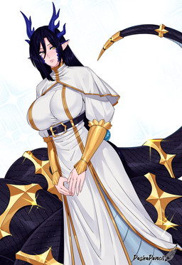 accessory apode big_breasts black_body black_hair black_scales breasts clothed clothing dress female furgonomics gold_(metal) hair horn humanoid_pointy_ears jewelry legless pointy_ears pupils scales serpentine slit_pupils solo split_form tail tail_accessory tail_jewelry yellow_eyes pashapencil draconcopode lamia reptile scalie snake 2025