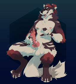 anthro balls bodily_fluids claws cum erection genital_fluids genitals hair knot male nipples nude penis simple_background solo tail omnifangs crimm_(crimm) canid canine canis mammal wolf hi_res