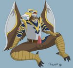 4_toes anisodactyl anthro armor balls blue_background bottomless bottomless_male claws clothed clothing feet genitals grey_claws male non-mammal_balls open_mouth penis pupils simple_background sitting solo spiral_pupils symbol-shaped_pupils toe_claws toes unusual_pupils vein veiny_penis wings thespel_(artist) runescape kree'arra avian aviansie bird 2020 absurd_res hi_res signature