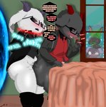 anal anal_penetration angry anthro anthro_on_anthro anthrofied bed big_butt black_eyes black_nose blush bodily_fluids bottomwear bottomwear_down bovid_horn breath butt caprine_horn clothed clothing colored_fire cute_fangs dialogue dialogue_box dominant duo_focus eyewear fangs femboy fire forced front_view fur furniture genitals glasses goat_ears goat_horn green_fire grey_body grey_fur group horn leaning leaning_on_object light light_beam looking_at_another looking_at_viewer looking_pleasured looking_up magic male male/male male_penetrated male_penetrating male_penetrating_male motion_lines neck_tuft no_pupils on_bed open_mouth open_smile panting pants pants_down partially_clothed penetration penile penile_penetration penis penis_in_ass portal pupils purple_body purple_fur red_horn red_pupils saliva sex sharp_teeth simple_background smile steam suit suit_jacket sweat teeth text thick_thighs tongue tongue_out topwear torn_clothing tuft white_body white_eyes wide_hips wings stypek_(artist) 99_wooden_stick mythology omniscient_reader's_viewpoint fan_character paul_(omniscient_reader) reinal sirus_(stypek) urus_(twin_head_dragon) bovid capricorn caprine caprine_demon demon dragon goat goat_demon hybrid mammal mythological_creature mythological_scalie scalie absurd_res comic english_text hi_res