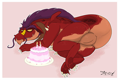 animal_genitalia anthro border butt cake claws cloaca dessert food fur genitals hair looking_at_viewer lying male nude on_side purple_body purple_fur red_body simple_background solo tail teeth white_border derekdragon mythology derek_the_dragondile_(derekdragon) alligatorid crocodilian dragon hybrid mythological_creature mythological_scalie reptile scalie 3:2 hi_res