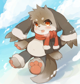 ambiguous_gender anthro blush clothing cloud kemono looking_at_viewer open_mouth scarf slightly_chubby solo tongue tongue_out mofuaki 2015 hi_res