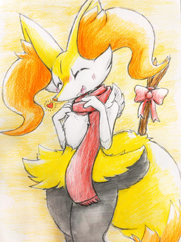 ambiguous_anthro ambiguous_gender anthro big_tail biped blush blush_lines bow_ribbon daww digitigrade dipstick_tail eyes_closed fluffy fluffy_tail front_view heart_symbol markings object_in_tail open_mouth open_smile scarf smile snout solo standing stick stick_in_tail tail tail_markings eiroru nintendo pokemon braixen canid generation_6_pokemon mammal pokemon_(species) 2019 3:4 colored_pencil_(artwork) graphite_(artwork) hi_res japanese_description portrait three-quarter_portrait traditional_media_(artwork) translated_description