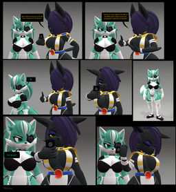 anthro armwear clothed clothing dialogue duo electronics eye_patch eyes_closed eyeshadow eyewear female hair hair_over_eye legwear looking_at_another looking_down maid_uniform makeup phone purple_hair simple_background taking_picture text uniform photolol.03 in_heat_(game) ari_(in_heat) nile_(in_heat) canid canine canis domestic_cat felid feline felis mammal 3d_(artwork) absurd_res comic digital_media_(artwork) english_text hi_res