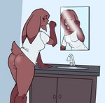 anthro anus arm_support bent_over bent_over_sink black_sclera bottomless bottomless_female brown_body brown_fur brush brushing brushing_teeth butt clothed clothing female freckles fur genitals leaning leaning_forward mirror pussy red_eyes reflection sink solo toothbrush fourssss diamond_(fours) lagomorph leporid mammal rabbit hi_res