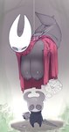 accident accidental_exposure angry annoyed anthro areola big_breasts black_body bodily_fluids bound breasts butt cape clothing crying duo female hanging_breasts huge_breasts looking_down male melee_weapon nipples paper plant poster red_cape red_clothing sad sagging_breasts simple_background string sword tears text thick_thighs thought_bubble weapon unyin hollow_knight team_cherry hornet_(hollow_knight) the_knight_(hollow_knight) arthropod insect vessel_(species) 2023 hi_res