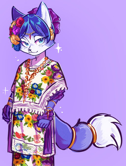accessory anthro bangle blue_body blue_fur blue_hair countershade_face countershading dipstick_tail ear_piercing female flower flower_in_hair fur furgonomics hair hair_accessory jewelry markings ornate_clothing piercing plant pointy_ears simple_background snout solo sparkles tail tail_accessory tail_markings tailband guasacaquis nintendo star_fox krystal_(star_fox) canid canine fox mammal absurd_res hi_res