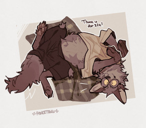bedding blanket brown_body brown_fur claws clothed clothed_feral clothing eyewear feral fur glasses implied_transformation lying male on_back oversized_clothing pawpads paws solo tail tail_motion tailwag text yellow_body yellow_fur randitawu randitawu_(randitawu) canid canine canis coyote mammal english_text hi_res signature