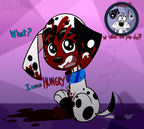 black_body black_fur black_nose black_spots blood blood_on_face blue_collar bodily_fluids cannibalism collar creepy duo facial_markings female feral floppy_ears fur head_markings heterochromatic_ears holidays leg_markings male markings mask_(marking) pink_inner_ear socks_(marking) spots tail tail_motion tailwag toony white_body white_fur white_spots whitewolf20xx 101_dalmatian_street 101_dalmatians disney halloween dizzy_(101_dalmatians) dylan_(101_dalmatians) canid canine canis dalmatian domestic_dog mammal hi_res
