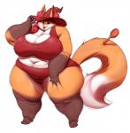 anthro big_breasts breasts clothed clothing female hat headgear headwear huge_breasts looking_at_viewer makeup obese obese_anthro obese_female overweight overweight_anthro overweight_female simple_background smile solo standing vondranart canid canine fox mammal hi_res