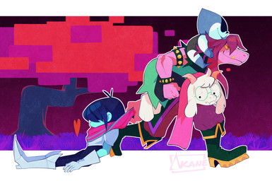 anthro armor blue_body blue_hair blue_skin female fur group hair male plant purple_background purple_body purple_hair simple_background tree white_body white_fur akanemnon deltarune undertale_(series) kris_dreemurr lancer_(deltarune) ralsei susie_(deltarune) darkner human mammal scalie 2022 hi_res nonbinary_(lore)