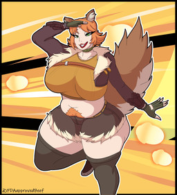 5_fingers abstract_background animal_ears belly big_breasts big_tail black_border body_hair border bottomwear breasts brown_bottomwear brown_clothing brown_footwear brown_jacket brown_shorts brown_socks brown_topwear buckteeth choker clothing crop_top curvy_figure denim denim_bottomwear denim_clothing denim_shorts eyelashes female fingerless_gloves fingers fluffy fluffy_tail footwear gesture gloves green_clothing green_eyes green_gloves green_handwear hair handwear happy_trail huge_breasts huge_hips huge_thighs inner_ear_fluff jacket jewelry light-skinned_female light_body light_skin long_eyelashes long_socks long_tail midriff navel necklace open_mouth open_smile orange_clothing orange_crop_top orange_hair orange_pubes orange_shirt orange_topwear pube_peek pubes salute shirt short_hair shorts slightly_chubby smile socks solo tail teeth text thick_thighs topwear tuft voluptuous voluptuous_female voluptuous_humanoid wide_hipped_female wide_hipped_humanoid wide_hips fdaapprovedbeef marvel marvel_rivals squirrel_girl_(marvel) animal_humanoid humanoid mammal mammal_humanoid rodent rodent_humanoid sciurid sciurid_humanoid tree_squirrel_humanoid 2025 absurd_res artist_name digital_drawing_(artwork) digital_media_(artwork) hi_res watermark