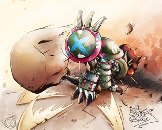 anthro armor claws eyewear goggles headgear helmet male projectile_deflection rock sharp_teeth solo teeth gekkart bandai_namco digimon digimon_beatbreak digimon_(species) ludomon 5:4