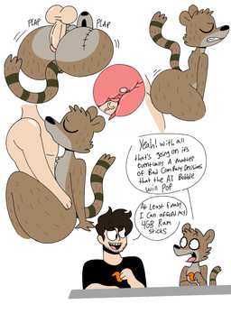 anal anal_penetration anthro black_eyes black_nose blush brown_body brown_fur brown_hair brown_stripes brown_tail butt butt_scar comedic dialogue eating eating_food fellatio fingers frottage fur g-spot genitals grey_body grey_fur hair human_on_anthro internal internal_anal interspecies long_tail male male/male markings masturbation multicolored_body multicolored_fur multiple_poses nude_anthro nude_male open_mouth open_smile oral penetration penile penis penises_touching pink_tongue pose pupils rear_view scar sex short_hair shy simple_background smile striped_markings striped_tail stripes tail tail_markings teeth text tongue two_tone_tail white_pupils anonymous_artist cartoon_network regular_show cip rigby_(regular_show) animal_humanoid human humanoid mammal mammal_humanoid procyonid procyonid_humanoid raccoon raccoon_humanoid english_text hi_res