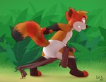 anthro branch clothed clothing diaper male open_mouth outside simple_background solo topless topless_male young young_anthro iztli ailurid mammal red_panda 2022 hi_res signature