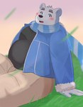 anthro belly black_nose blush bottomwear clothing humanoid_hands kemono male overweight overweight_male pants scarf shirt sitting solo sweater topwear white_body 9dtq0 utau shirane_kan bear mammal polar_bear ursine 2021 absurd_res hi_res