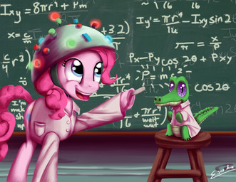 blue_eyes board chalk clothing coat cutie_mark duo female feral hair hat headgear headwear lab_coat male math open_mouth pink_hair purple_eyes quadruped tail topwear esuka friendship_is_magic hasbro my_little_pony gummy_(mlp) pinkie_pie_(mlp) alligator alligatorid crocodilian earth_pony equid equine horse mammal pony reptile scalie hi_res