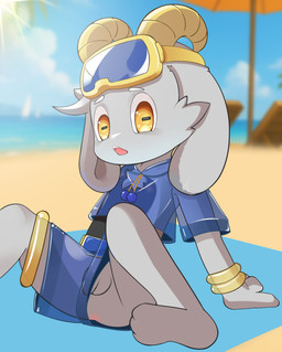 3_toes anthro anus balls beach beach_blanket beach_chair beach_umbrella belly black_belly bottomwear butt clothed clothing cloud curved_horn eyewear feet fingers flaccid fur genitals goggles grey_body grey_fur hair horn long_ears looking_at_viewer male nipples open_mouth outside parasol penis sand solo spread_legs spreading swimming_trunks swimwear toes topwear translucent translucent_clothing translucent_swimwear water yellow_eyes young young_anthro young_male mieun bolgogi bovid caprine goat mammal digital_media_(artwork) hi_res