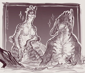 anthro breasts claws duo featureless_breasts head_crest log male non-mammal_breasts nude partially_submerged quills_(anatomy) sail_(anatomy) scales sparkles text water wood thekamatadraws dilophosaurid dilophosaurus dinosaur prehistoric_species reptile saurischian scalie spinosaurid spinosaurus theropod english_text hi_res monochrome signature