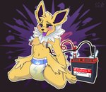 abstract_background anthro blush bodily_fluids breasts car_battery clothed clothing crying diaper drooling eeveelution electric_shock electricity electrostimulation english_text female generation_1_pokemon genital_fluids hi_res jolteon jumper_cable kneeling looking_pleasured medium_breasts nintendo nipple_clamp nipples pokemon pokemon_(species) saliva solo stargal_galexi tears text tongue tongue_out urine warning_label warning_symbol wearing_diaper wet_diaper wetting