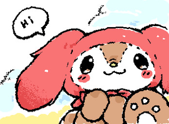 :3 ambiguous_gender anthro blush blush_lines brown_body closed_smile featureless_hands feet floppy_ears glistening glistening_eyes greeting hindpaw hood hood_only looking_at_viewer mouth_closed pawpads paws pink_blush pink_hood smile smiling_at_viewer solo speech_bubble squigglevision talking_to_viewer white_body white_speech_bubble yellow_nose ligma_(artist) sanrio mellow_(sanrio) lagomorph leporid mammal rabbit 2026 animated digital_media_(artwork) low_res wigglypaint_(artwork)
