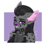 anthro black_hair breasts clothed clothing collar ear_piercing ear_ring eyebrows eyelashes female fur grey_body grey_fur hair lips markings piercing purple_eyes purple_nose ring_piercing smile solo spots spotted_body spotted_fur thick_bottom_lip ei-ka 2021 digital_media_(artwork)