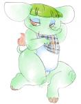 anthro belly big_ears bottomless clothed clothing female genitals green_hair hair hooves plaid pussy shirt solo topwear trunk muura animal_crossing nintendo opal_(animal_crossing) elephant elephantid mammal proboscidean 2013