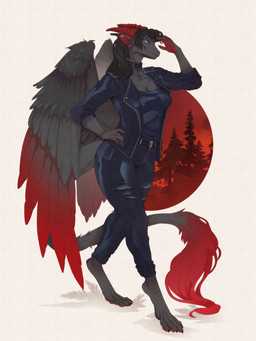 anthro belt black_body black_hair black_scales blue_eyes bottomwear breasts cheek_tuft cleavage clothed clothing facial_tuft feathered_wings feathers female fluffy fluffy_tail forest fur hair horn jacket latex leather leather_clothing long_ears long_hair looking_at_viewer neck_belt pants piercing plant red_horn scales shirt simple_background smile solo tail topwear tree tuft wings wanderertamplior european_mythology mythology dragon mythological_creature mythological_scalie scalie western_dragon digital_media_(artwork) hi_res