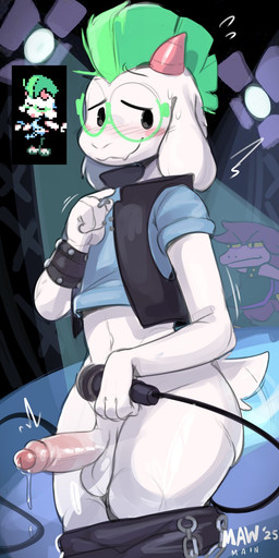 anthro balls biped blush bodily_fluids bottomless clothed clothing crop_top duo electronics erection eyebrows eyewear fingers flesh_fang floppy_ears foreskin fur genital_fluids genitals glasses hair holding_microphone holding_object horn humanoid_genitalia humanoid_penis male male_focus microphone mohawk partially_retracted_foreskin penis precum shirt smile solo_focus tail thick_thighs topwear vest white_body white_fur white_tail wide_hips mawmain deltarune undertale_(series) ralsei susie_(deltarune) bovid caprine goat mammal scalie 2025 digital_media_(artwork) hi_res