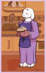 anthro appliance apron big_ears big_feet blush border clothing dessert eyes_closed feet female food fur gown handwear happy holding_object horn kitchen_appliance oven oven_mitts pastry paws pie purple_border sink slight_smile slightly_chubby smile solo standing steam stove_burner white_body white_fur psfunny deltarune undertale undertale_(series) toriel bovid caprine goat mammal