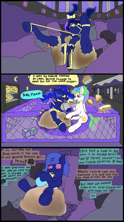 3_panel_comic age_regression arms_tied baby_bottle bdsm big_diaper blue_body blue_eyes blue_mane blush bodily_fluids bondage bound bow_ribbon braided_tail cake cake_slice clothed clothing collar crib crystal cuff_(restraint) cutie_mark dessert detailed_background dialogue diaper diaper_fetish diaper_package drinking drooling duo excessive_feces feces feeding female female/female feral food force_feeding forced gag hooves horn horn_jewelry horn_ring hyper hyper_feces jewelry levitating_object lying magic mane milk milk_drip multicolored_mane neonate nursery offscreen_character on_back pacifier pacifier_gag pigtails pillow pink_eyes playpen quadruped restraints ring_(jewelry) saliva sitting sitting_on_diaper soiled_diaper solo speech_bubble spiral spiral_eyes spoon_feeding stained_diaper tail text unclean_diaper unguligrade used_diaper wearing_diaper white_body wings young young_feral m3g4 friendship_is_magic hasbro my_little_pony mythology princess_celestia_(mlp) princess_luna_(mlp) equid equine horse mammal mythological_creature mythological_equine pony winged_unicorn 2021 comic digital_media_(artwork) english_text flat_colors handwritten_text hi_res story story_in_description sibling_(lore) sister_(lore) sisters_(lore)