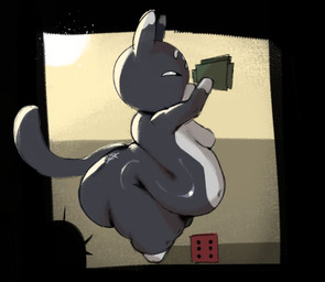 anthro big_butt binoculars biped black_body black_fur butt dice fur holding_binoculars holding_object male multicolored_body multicolored_fur nude_anthro nude_male overweight overweight_anthro overweight_male side_view solo standing tail two_tone_body two_tone_fur white_body white_fur estebon89 mewgenics gambit_(mewgenics) domestic_cat felid feline felis mammal