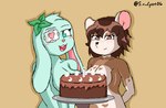 anthro big_breasts blue_body blue_ears blue_fur blush breasts brown_body brown_eyes brown_fur cake dessert duo eye_patch eyelashes eyewear female female/female floppy_ears food fur glistening glistening_eyes hair heart_eye_patch heart_eyes heart_print heart_pupils heart_symbol looking_at_viewer nude open_mouth pink_inner_ear pink_nose plushie short_hair simple_background smile tongue white_body white_ears white_fur sin_cyan06 mint_(alfa995) mocha_(alfa995) animate_inanimate food_creature lagomorph leporid living_plushie mammal mouse murid murine rabbit rodent absurd_res digital_media_(artwork) hi_res