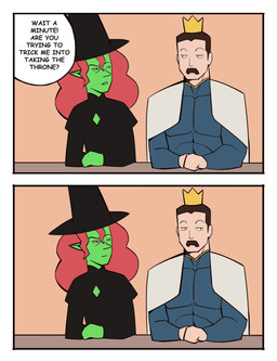 ambiguous_gender averting_eyes black_clothing black_hat black_headwear blue_clothing blue_topwear brown_facial_hair brown_hair brown_mustache cape clothed clothed_human clothed_humanoid clothed_male clothing dialogue duo facial_hair front_view fully_clothed fully_clothed_human fully_clothed_humanoid fully_clothed_male green_body hair hat headgear headwear humanoid_pointy_ears light_body light_skin looking_at_another male mouth_closed mustache narrowed_eyes pecs pointy_ears red_hair small_comic speech_bubble suspicious talking_to_another tear_trough text thin_eyebrows topwear wearing_crown white_cape white_clothing white_sclera witch_hat bonnymama7 elphaba_(bonnymama7) the_king_(bonnymama7) human humanoid mammal 2025 absurd_res comic digital_drawing_(artwork) digital_media_(artwork) end_page english_text flat_colors half-length_portrait hi_res portrait female_(lore)