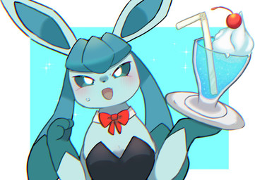 ambiguous_background ambiguous_feral ambiguous_gender beverage black_clothing black_leotard blue_background blue_body blue_ears blue_hair blue_inner_ear blush blush_lines bodily_fluids border bow_tie bunny_costume cherry clothing container costume cream_(food) cup dipstick_hair drinking_straw feral food fruit glass glass_container glass_cup gloves_(marking) hair leotard long_ears looking_at_viewer markings open_mouth plant plate pointy_ears red_bow_tie simple_background solo sparkles sweat sweatdrop white_background white_border yakiniku628 nintendo pokemon eeveelution generation_4_pokemon glaceon pokemon_(species) 2026 colored half-length_portrait portrait