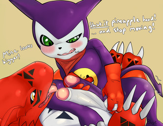 annoyed anthro ball_fondling ball_grab ball_squeeze ball_squish balls balls_touching big_balls big_penis black_markings blush breath claws clothing comparing comparing_balls comparing_penis dialogue duo erection fangs fondling foreskin fur genitals glans gloves green_eyes hand_on_balls handwear humanoid_genitalia humanoid_penis lying male male/male markings masturbation nude nude_anthro on_back open_mouth penis penis_touching purple_body red_body red_clothing red_gloves red_handwear red_scales retracted_foreskin scales sitting sitting_on_another size_difference squish tail teeth text tongue tongue_out vein veiny_penis white_body white_scales yellow_body yellow_fur blujie conditional_dnp bandai_namco digimon mythology digimon_(species) dragon guilmon imp impmon mythological_creature mythological_scalie scalie absurd_res english_text hi_res