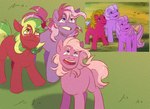 ambiguous_gender feral freckles grass green_hair green_tail group hair open_mouth open_smile pink_body pink_hair pink_tail plant pre-g4 purple_body red_body smile tail trio brabaxie hasbro mlp_g1 my_little_pony lickety_split shady_(mlp) tiddlywinks_(mlp) earth_pony equid equine horse mammal pony 2023