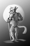 anthro armor butt clothed clothing contrapposto female melee_weapon partially_clothed plantigrade plate_armor pose presenting simple_background smile smiling_at_viewer solo sword weapon revertigo domestic_cat felid feline felis mammal hi_res monochrome