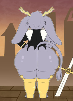 anthro big_butt biped bottomless butt clothed clothing female grey_body grey_hair hair huge_butt melee_weapon solo sword tail thick_thighs weapon blitzyflair pseudoregalia sybil_(pseudoregalia) lagomorph mammal 2024 absurd_res hi_res