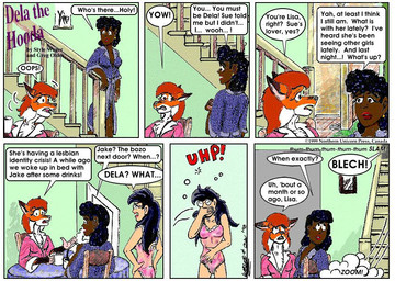 anthro bathrobe beverage black_hair breasts chair clothed clothed_female clothing coffee coffee_cup container covering covering_mouth cup dialogue dipstick_ears ear_markings ear_piercing eyewear female fur furniture glasses group hair multicolored_ears orange_body orange_fur orange_hair piercing robe table text trio underwear style_wager dela_the_hooda dela_aldershaw lisa_(dela_the_hooda) sue_chan_(dela_the_hooda) hooda human mammal 1999 comic english_text