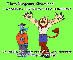 anthro belt belt_buckle bottomwear buckle claws clothing dialogue duo eyes_closed facial_hair fangs female fur goatee green_background hat headgear headwear hoodie hooves male mane open_mouth pants paws pointy_nose scales shirt shorts simple_background standing stinger stinger_tail tail teeth text tongue topwear travis_fowler adult_swim cartoon_network dungeon_flippers european_mythology iranian_mythology middle_eastern_mythology mythology smiling_friends charlie_dompler cleaveland_(dungeon_flippers) maulie_(dungeon_flippers) pim_pimling dragon felid mammal manticore mythological_creature mythological_scalie scalie western_dragon 2025 english_text hi_res